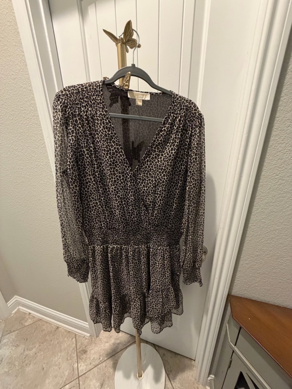 Michael Kors Leopard Print Sheer Midi Dress - Black and Cream